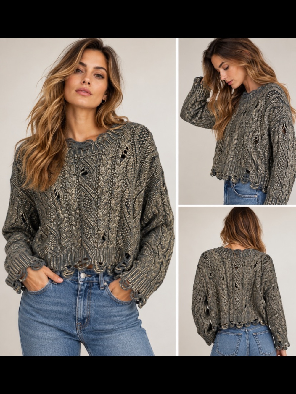 Zara Distressed Olive-Grey Cable Knit Scalloped Hem Sweater